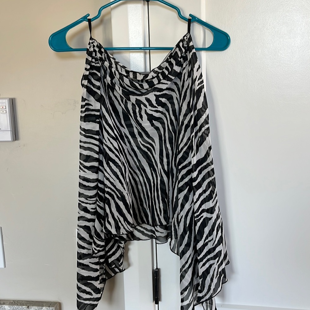 Papaya Zebra silk off the shoulder blouse.